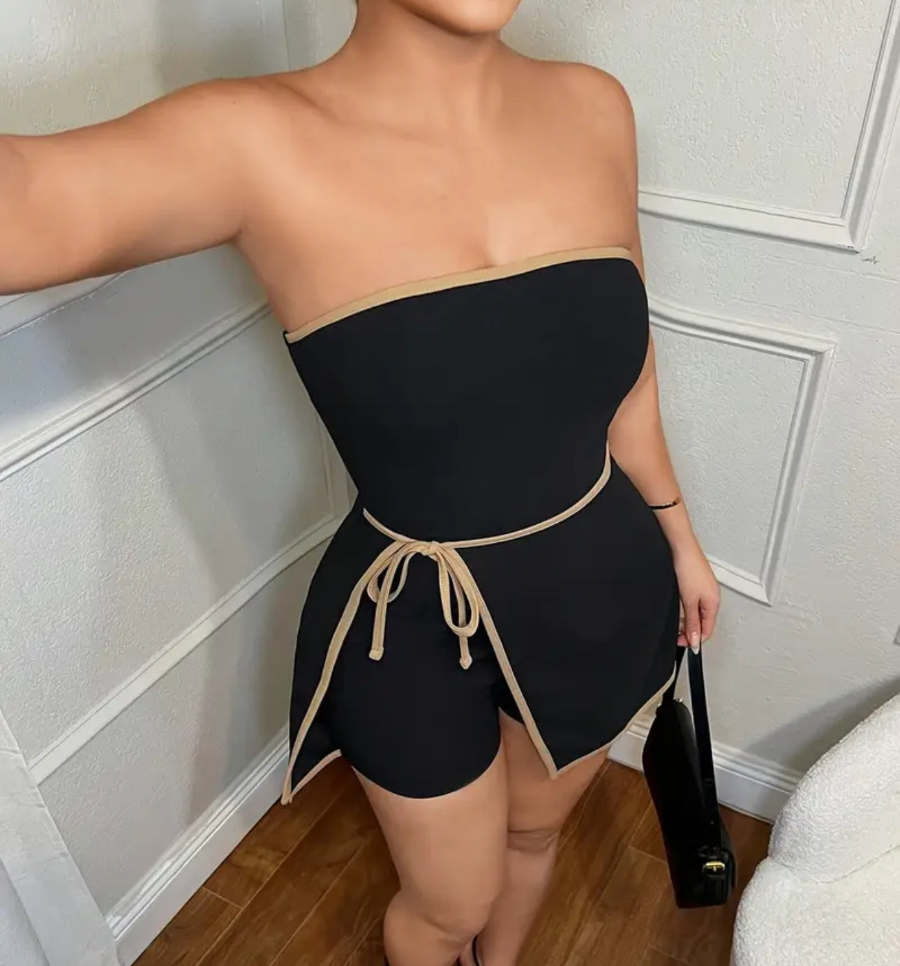 Women's Black & Golden Contrast Sleeve Strapless Jumpsuit - Lightweight Breathable Summer Romper with Mid-Stretch Fabric, Machine Washable for Beach Parties, Casual & Semi-Formal Events - Spring/Summer Outfit