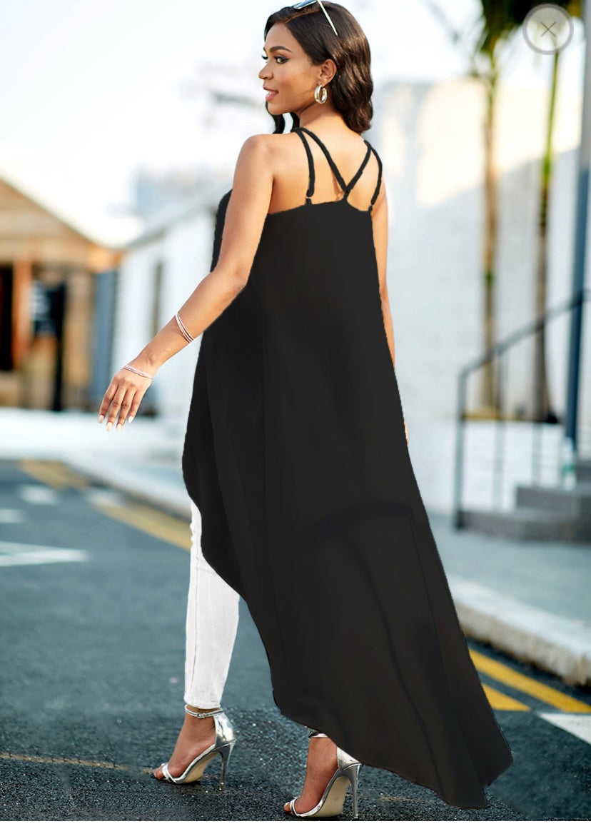 Cross Strap Chiffon Asymmetric Hem White Camisole Top(V)