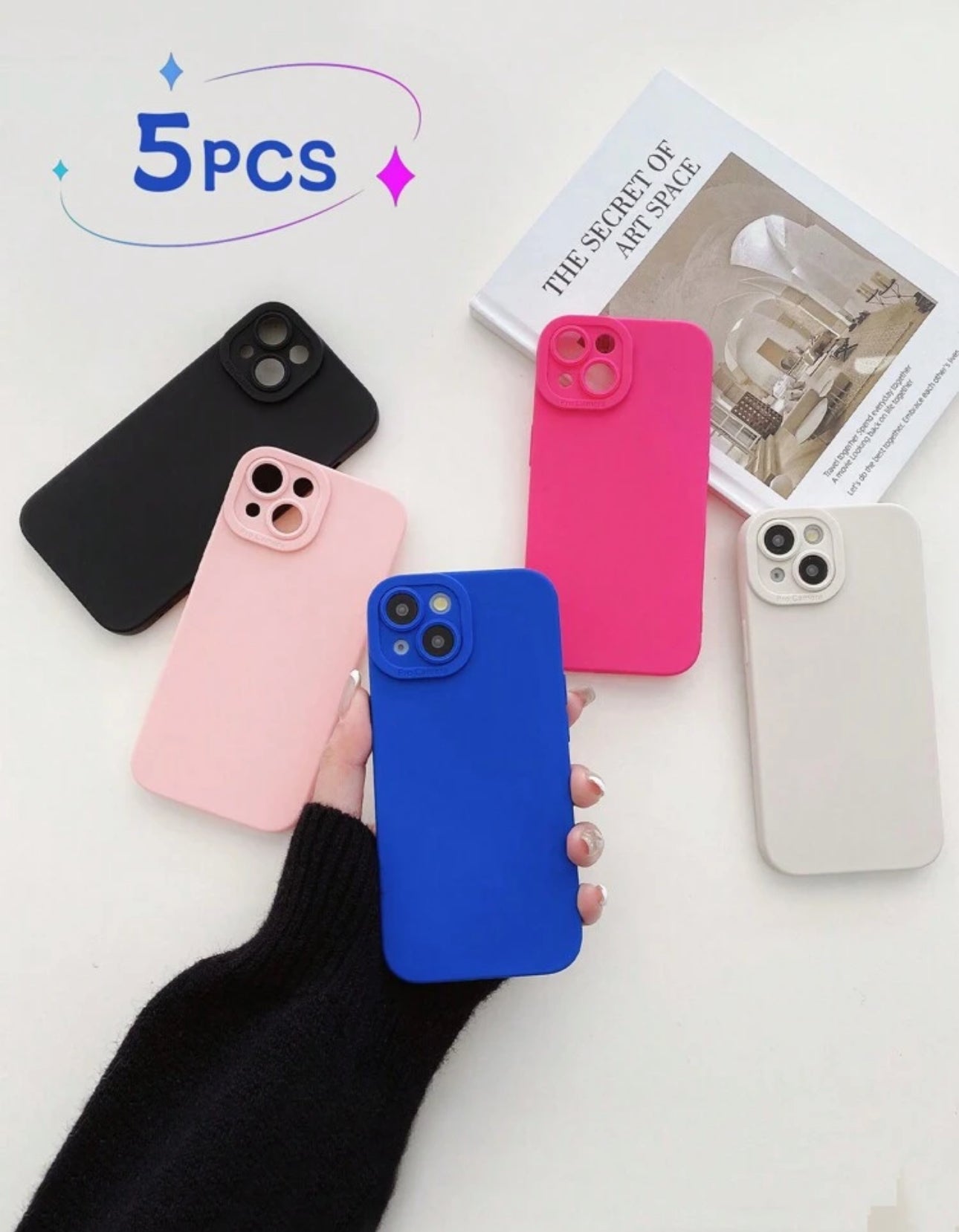 5pcs Minimalist Solid Color Phone Cases With Lens Protection, Suitable Compatible With Galaxy Series - Black, White, Pink, Fuchsia, Blue