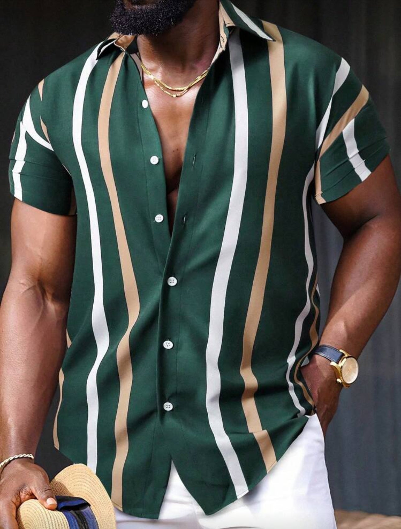 Manfinity Homme Men Striped Print Shirt, Green And Gold Shirt Men, Men Striped Shirt, Vertical Striped Shirt Men