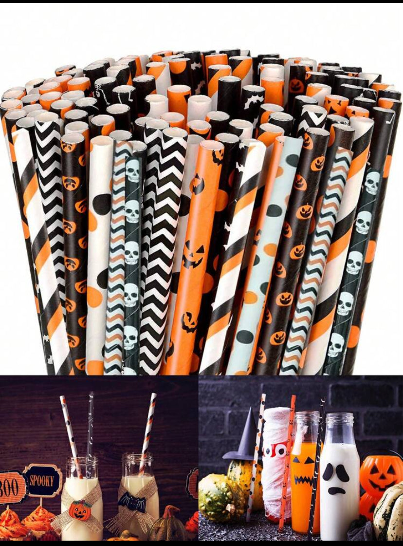 50pcs-Halloween Paper Straws, Pumpkin Skull Striped Wavy Dot Paper Straws,Paper Drinking Straws For Party, Events And Crafts Halloween Themed Birthday Party Supplies
