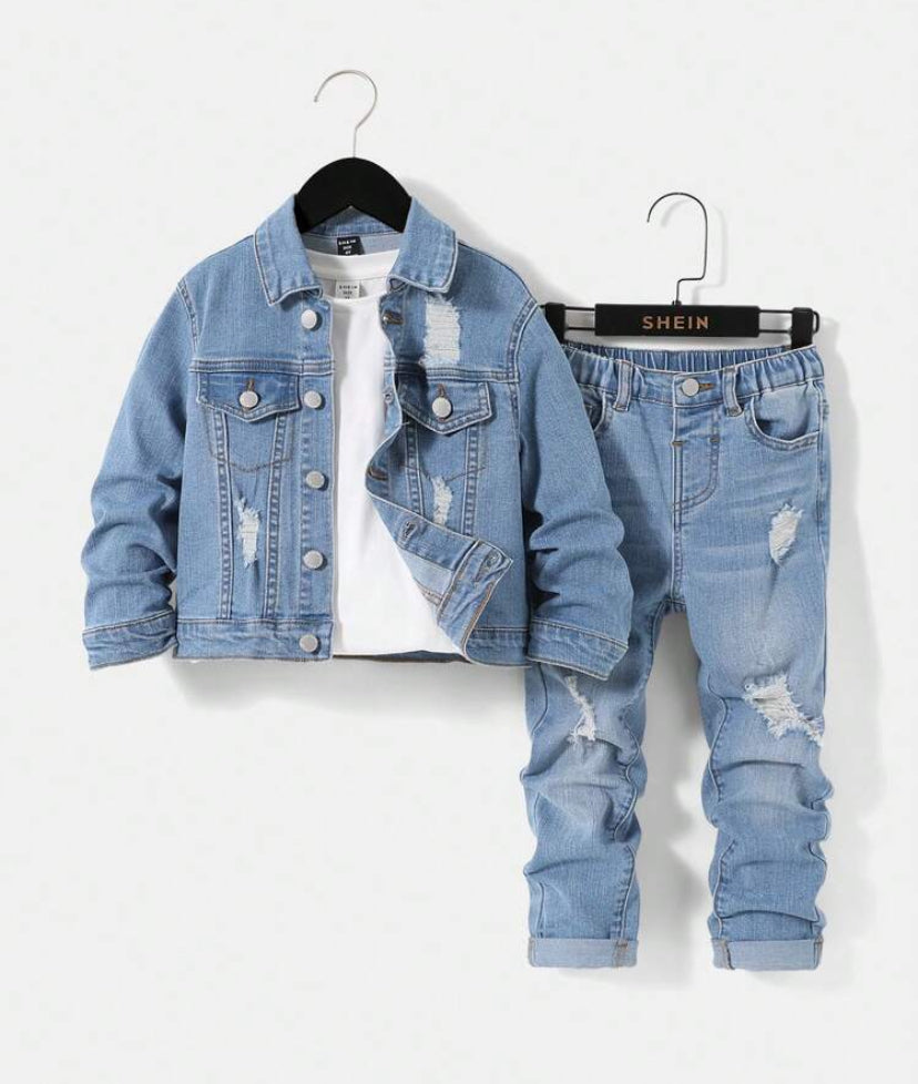 SHEIN Young Boy 2pcs/Set Casual Loose Long Sleeve Denim Jacket And Ripped Jeans Outfits