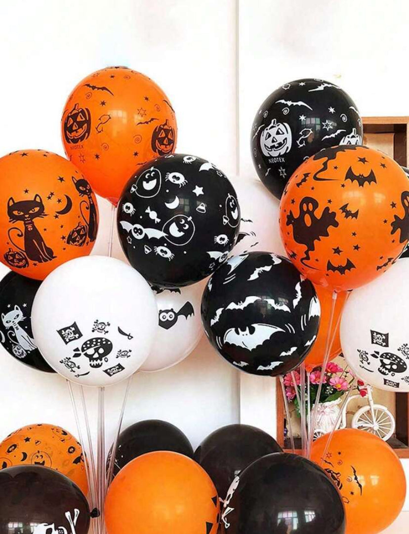 100pcs-Halloween Latex Balloon, 12 Inch Pumpkin Bat Ghost Skull Ghost Spider Web Balloon For Halloween Party Decoration, Trick Or Treat Toys, Black Orange White