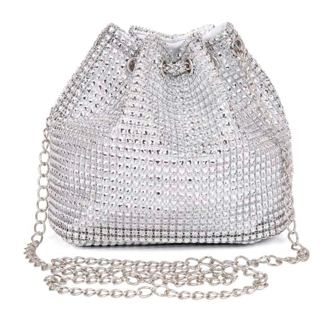 Lightweight, Business Casual Rhinestone Decor Bucket Bag Mini Drawstring Design, Clear Bag Faux Pearl Bag Evening Bag, Dinner Bag Glamorous, Elegant, Exquisite, Quiet Luxury Rhinestone For Party Girl, Woman, Bride Perfect For Party, Dinner/Banquet Christm
