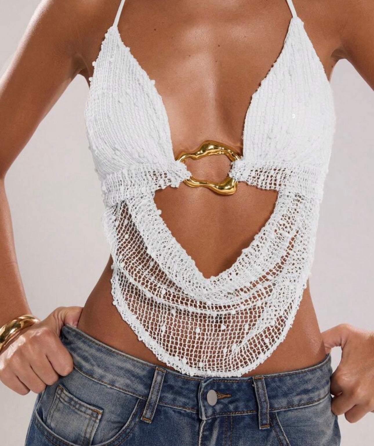 SHEIN BAE Women's Summer Sexy Bohemian Beach Vacation Concert Women Halter Neck Tie Metal Decoration Crochet Summer Tops, Summer,Club Sexy Top
