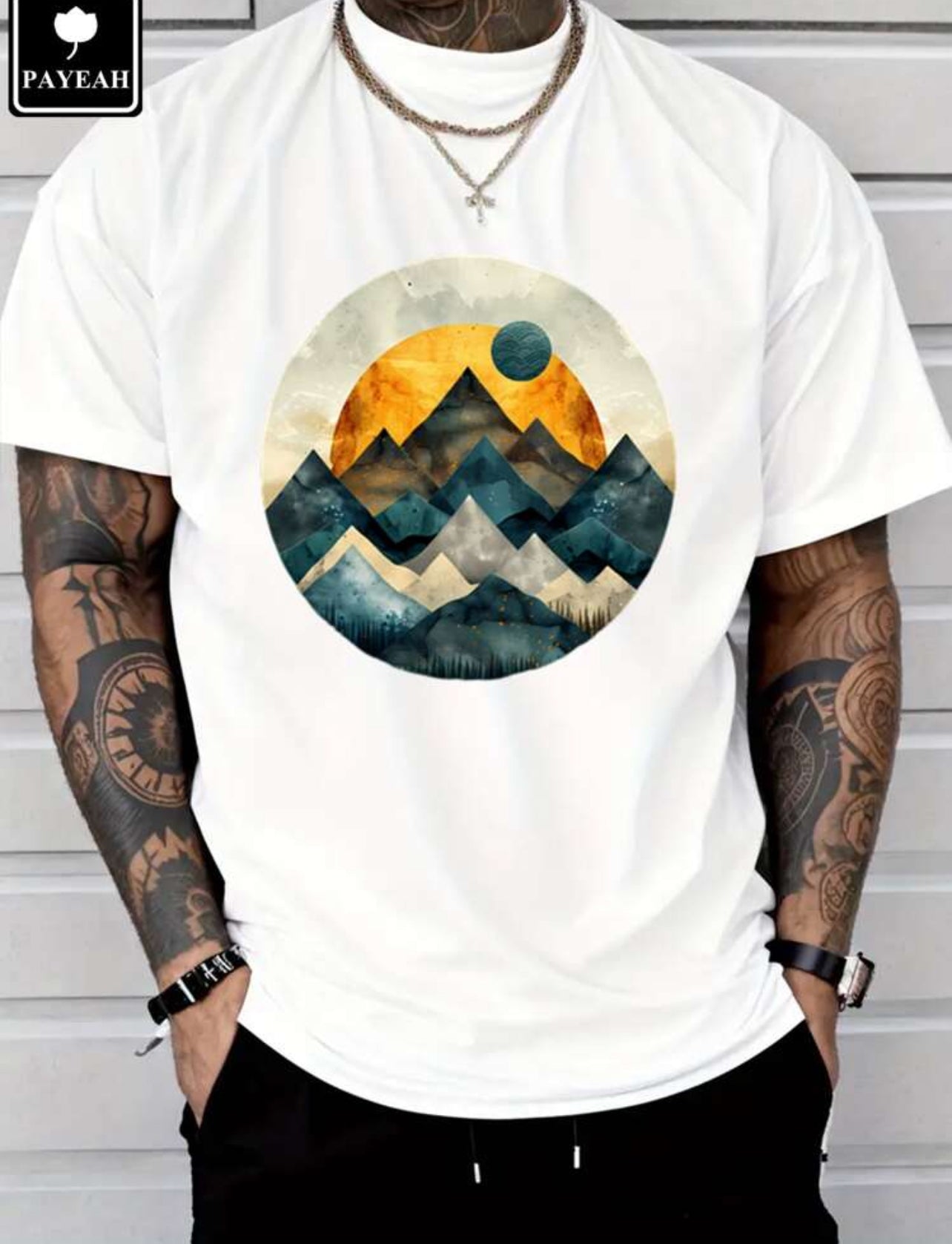PAYEAH Paper Moon And Mountains-Geometric Mountain T-Shirt 100% Heavy Cotton T Shirt 220g T Shirt