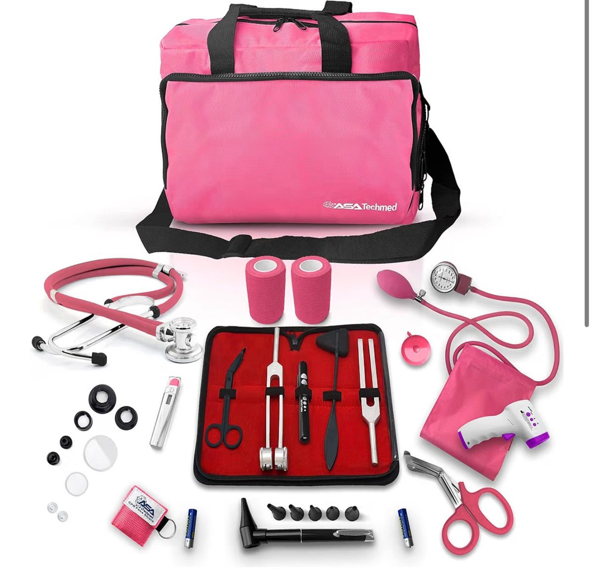 ASA Techmed Nurse Starter Kit - Stethoscope, Blood Pressure Monitor, Tuning Forks, and More - 18 Pieces Total (Pink)