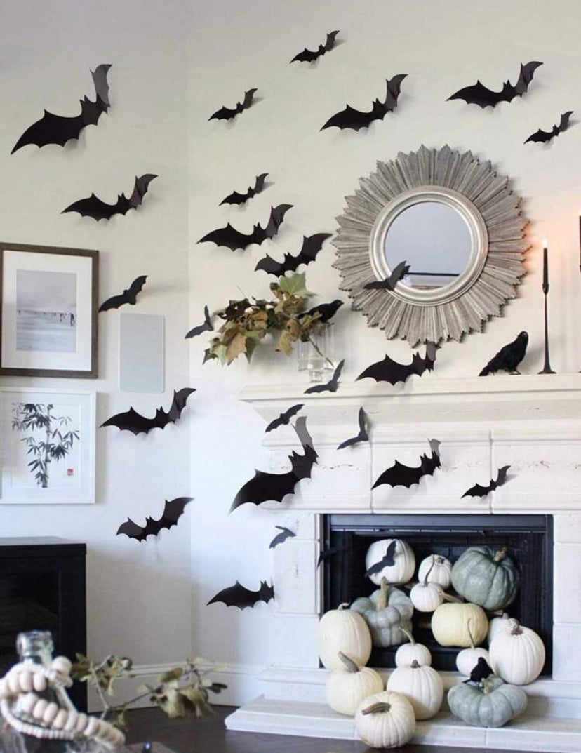 Halloween Wall Bat Decor, 48/60/120Pcs Black Fake Plastic Bat Stickers For Halloween Room Decor, 4 Different Sizes Waterproof 3D Realistic Bat For Home Window Halloween Party Decoration Fall Autumn