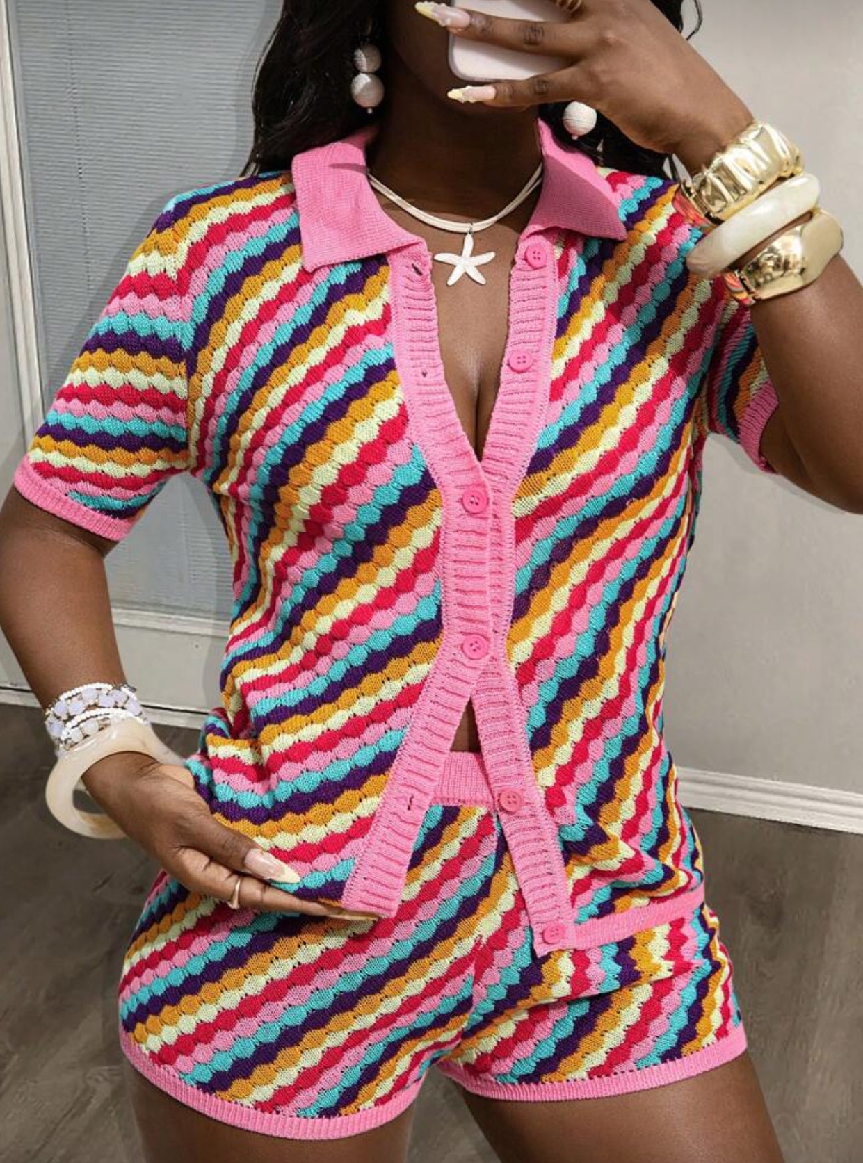 Slaydiva 2025 New Summer Leisure Vacation Street Daily Dating Lapel Shirt Collar Open Placket Colored Diamond Pattern Shirt-Style Sweater + Slim Shorts Women's Sweater Two Pieces Set-A Two Pieces Set Women Multicolor Women 2 Pieces Sets Summer Crochet Two
