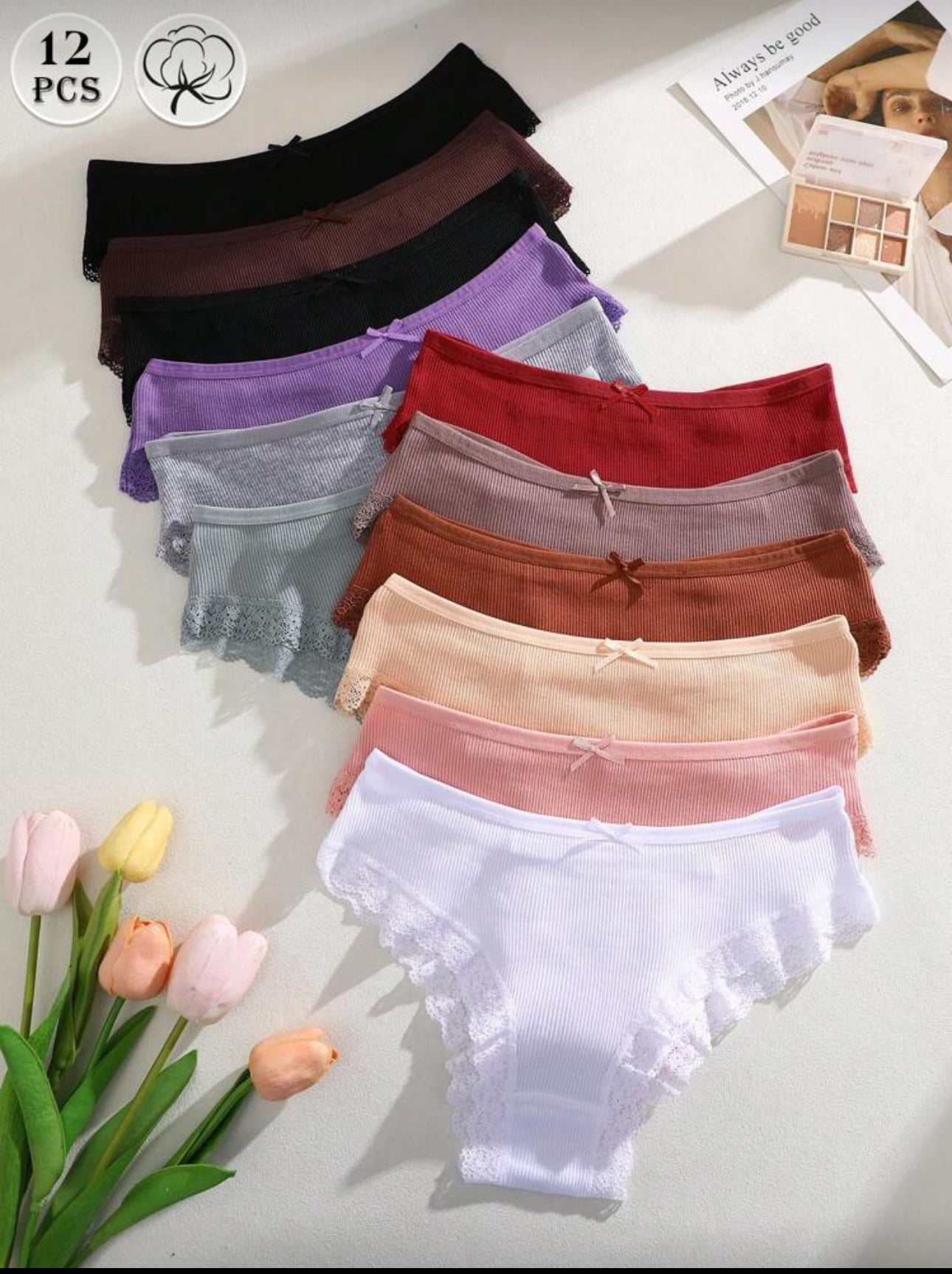 12 PCS Cotton Design Fashionable Lace Edge Women's Sexy Underwear, Comfortable Women's Briefs
