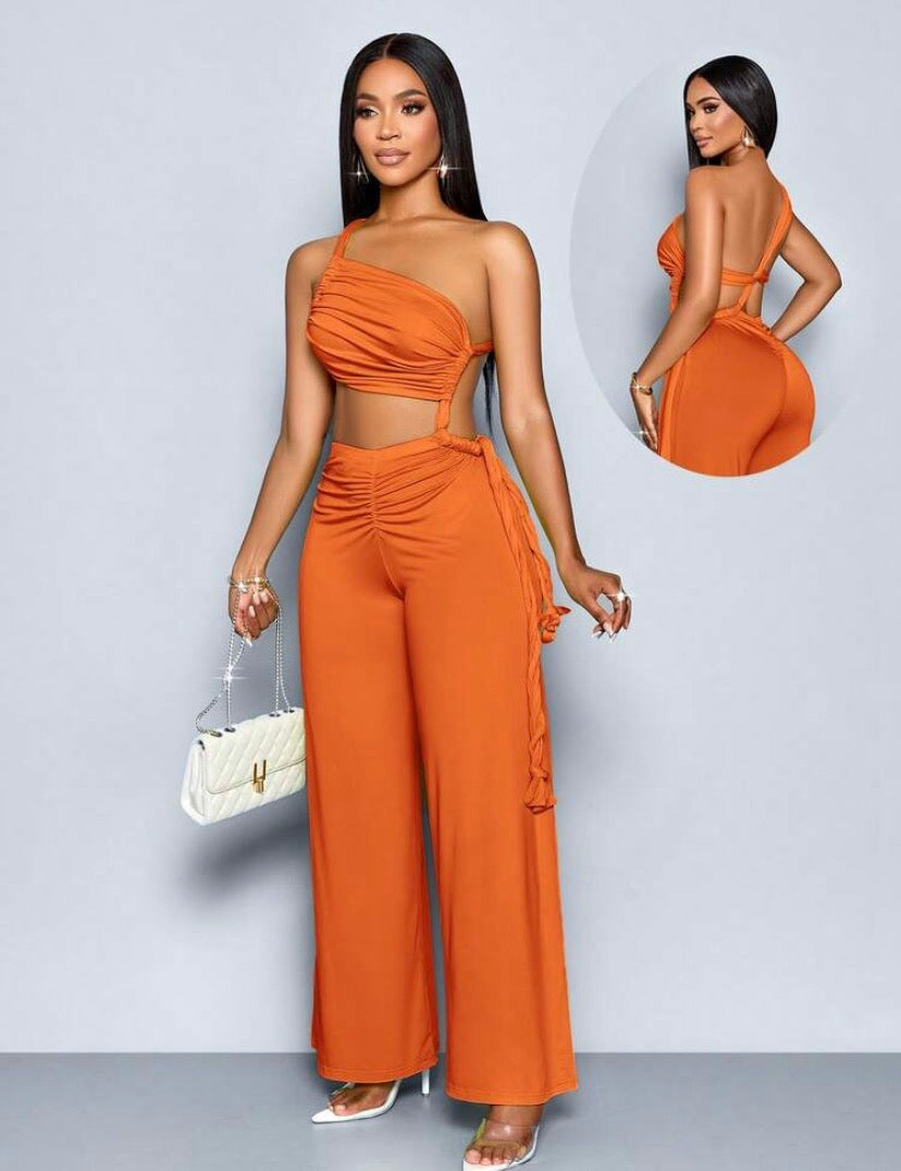 SOLERSUN Women's Summer Sexy Solid Color Asymmetric Neck Ruched Slim Fit Cutout Jumpsuits