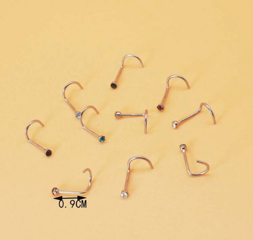 10pcs Random Color Crystal Rhinestone Basic Stainless Steel Nose Studs For Women