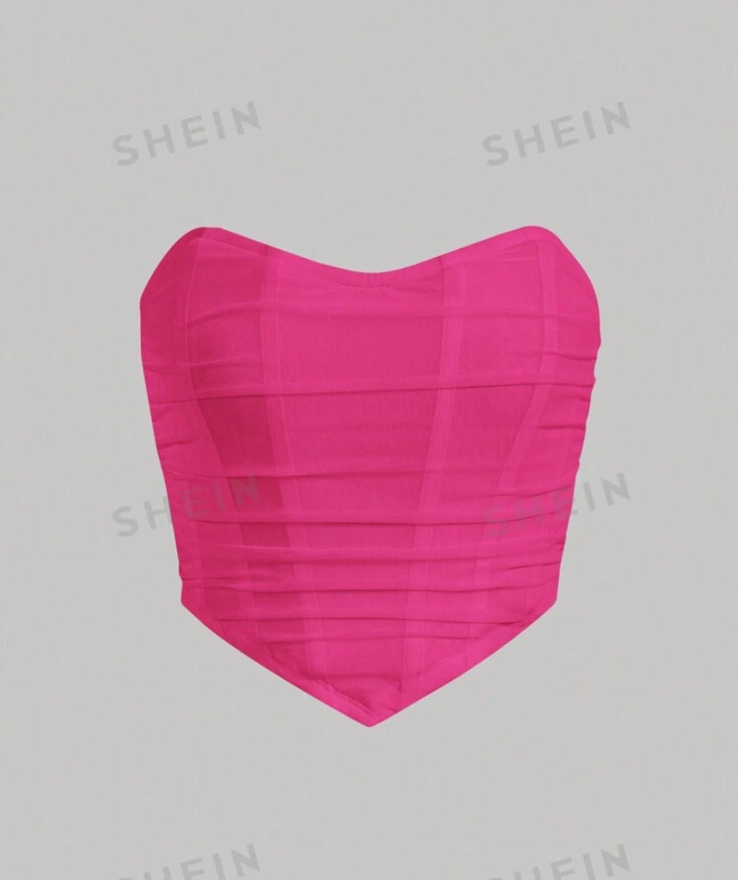 SHEIN MOD Ruched Bandana Hem Mesh Tube Pink Corset Top