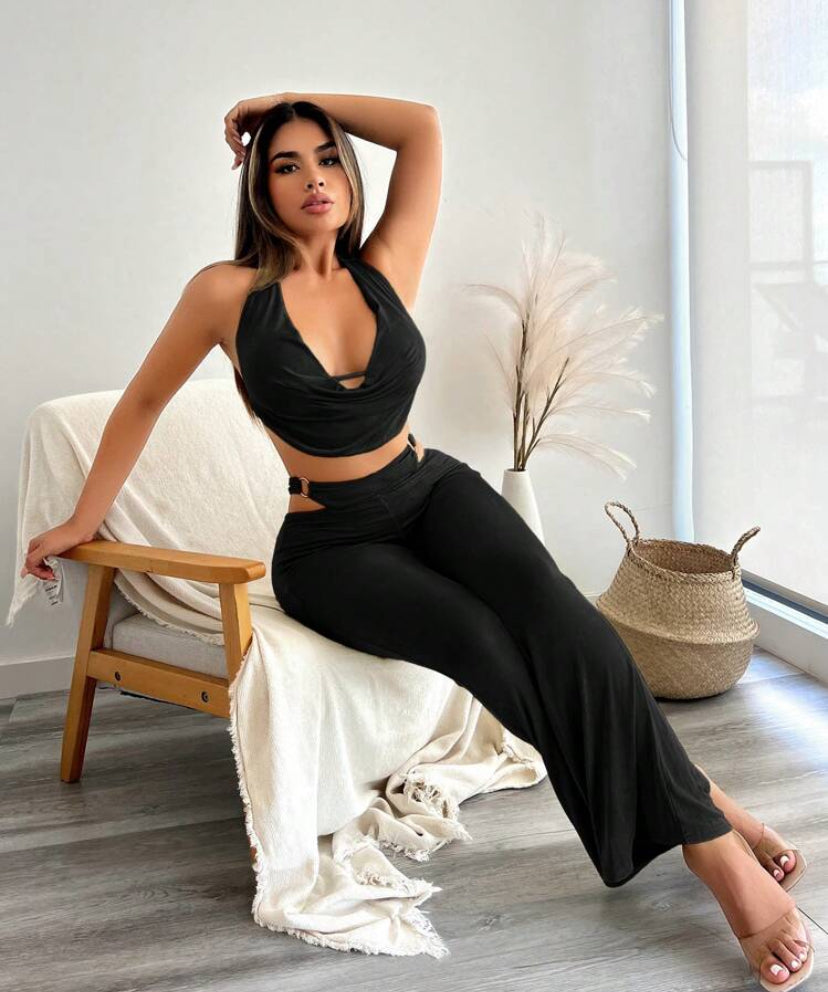 SXY Women's Summer Cowl Collar Halter Backless Top And Hollow Out Flare Pants, 2pcs/Set