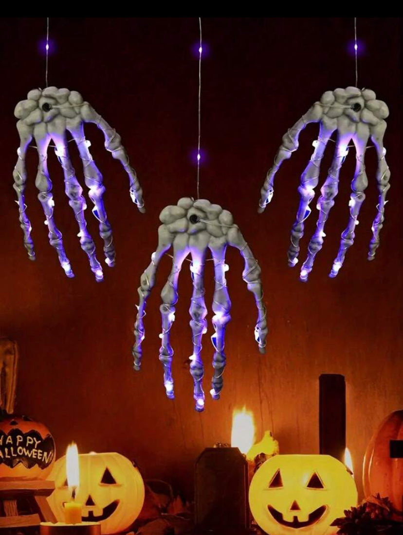 2sets Glowing Skeleton Hands, LED String Lights (Batteries Not Included), Halloween Themed Party Decor, Prank Prop Skeleton Ornaments Fall Autumn