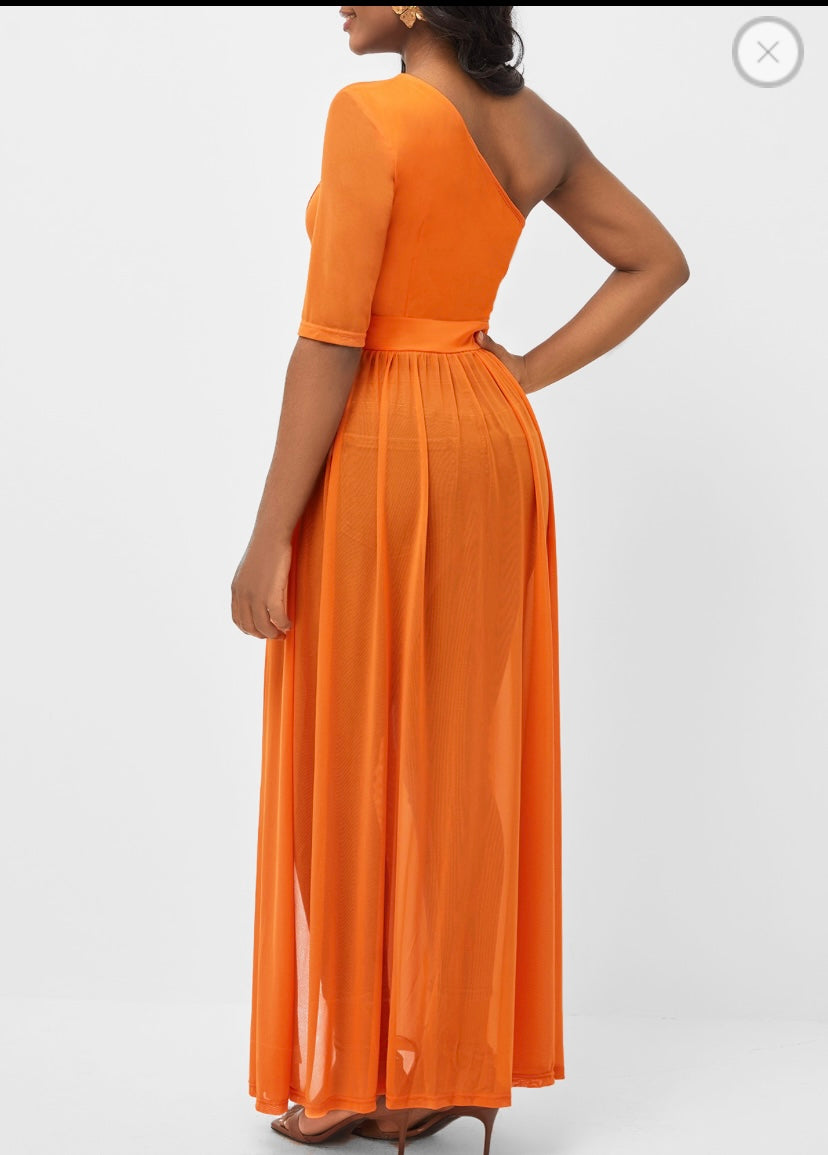 Fabric Stitching Skew Neck Orange Blouse Rosewe®