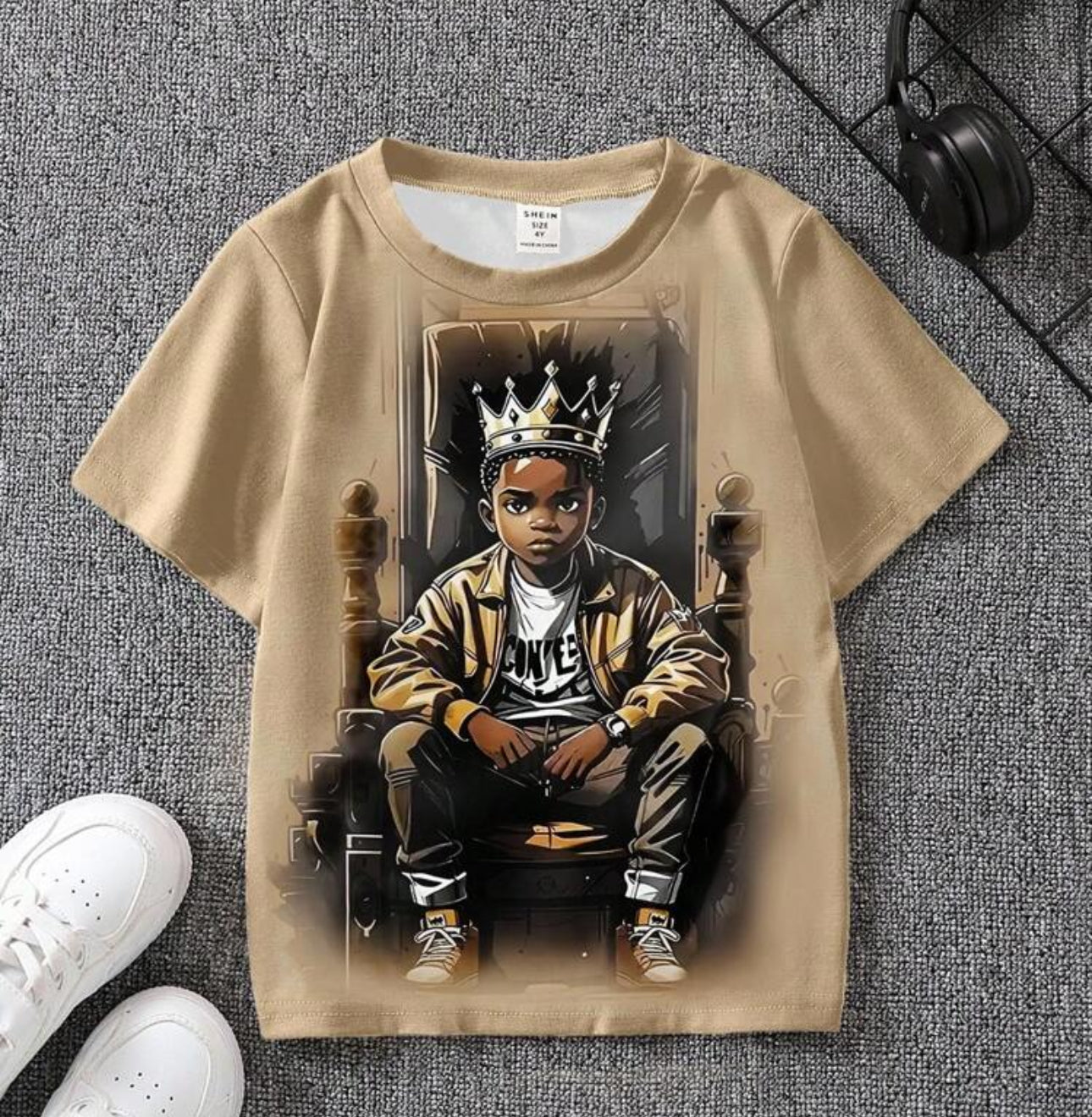 SHEIN Boy Casual Creative Printed Crown On Chair Design Short Sleeve Round Neck T-Shirt, Funny Summer Tops, School, Campus, College