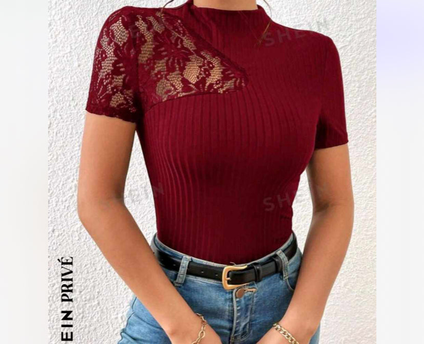 SHEIN Privé Contrast Lace Mock Neck Tee