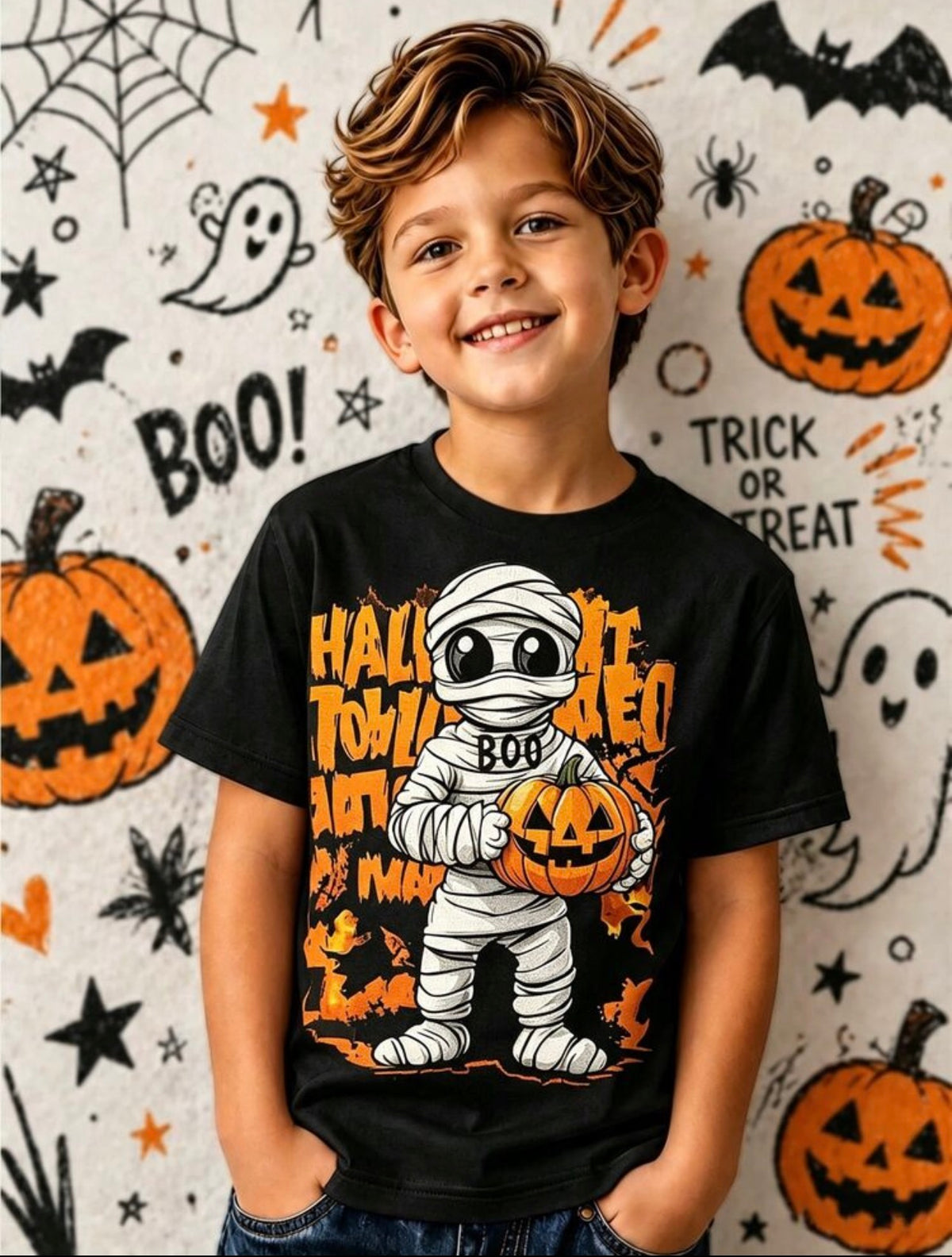 Little Boys Halloween Holiday Short‑Sleeve Tee, Cute Mummy Pumpkin Trick‑Or‑Treat Graphic Print Casual Crew Neck Top For Toddler Boys