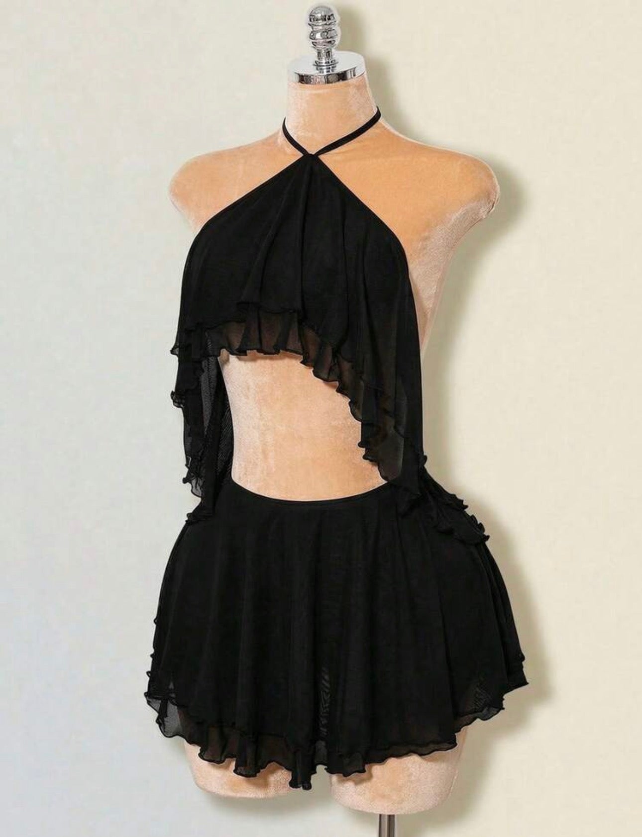 SHEIN ICON Layered Ruffle Halter Backless Mini Dress For Women,Black Dress For Women,Summer Dresses For Women