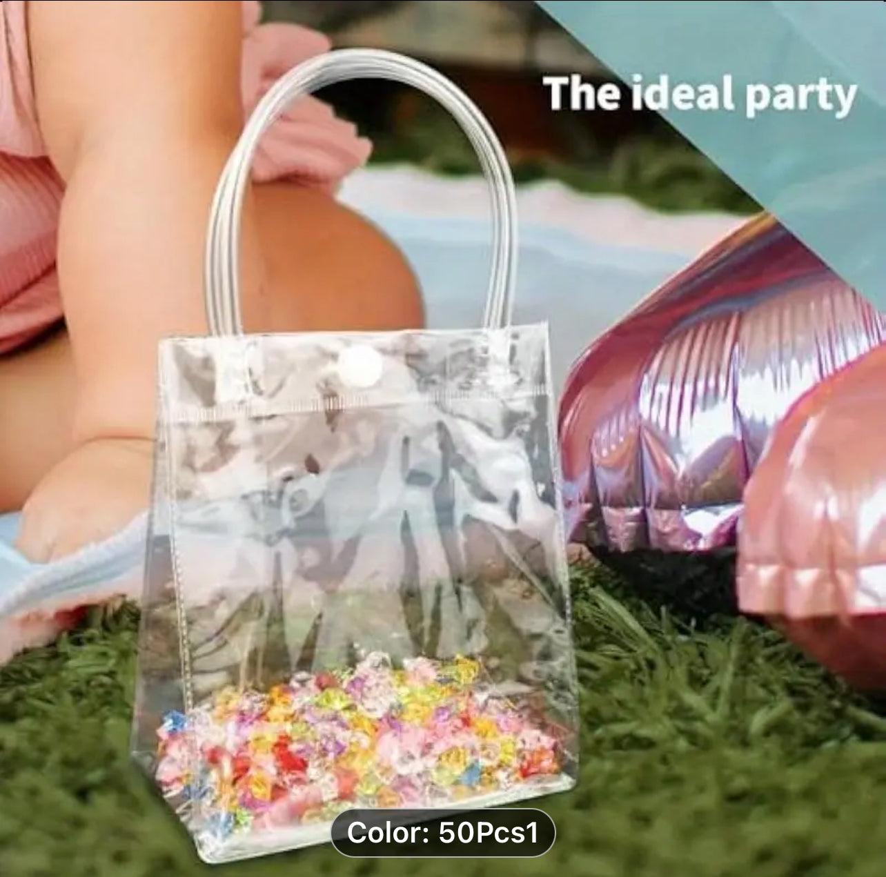 50pcs Clear PVC Gift Bags with Handles - Reusable Transparent Tote Bags for Shopping, Parties, and DIY Projects, 5.9" x 4.92" x 2.75", High Quality & Durable for Groceries, Candies, and Small Business Use, Goodie Bags