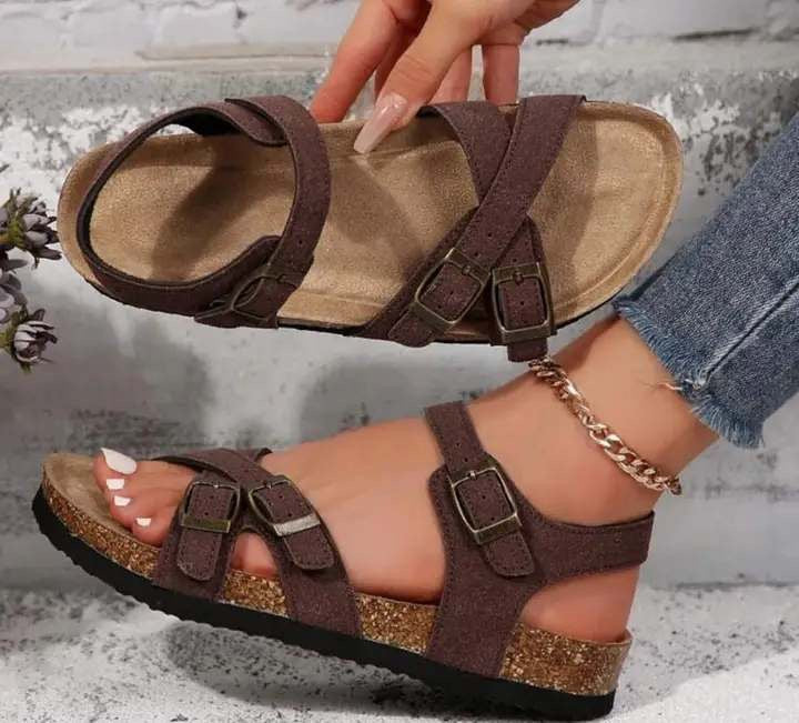 Womens Comfortable Arch Support Strappy Slip-On Modern Memory Foam Cushion Footbed Outdoor Adjustable Buckle Cork Footbed Slides For Sandals