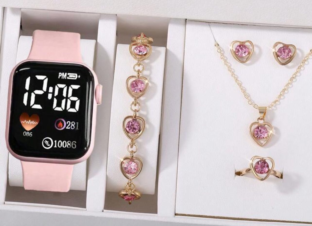 6pcs Girls Cartoon Heart-Shaped Square Digital Watch + Necklace Bracelet Earrings Ring Jewelry Set Halloween Gift Christmas Gift Birthday Gift