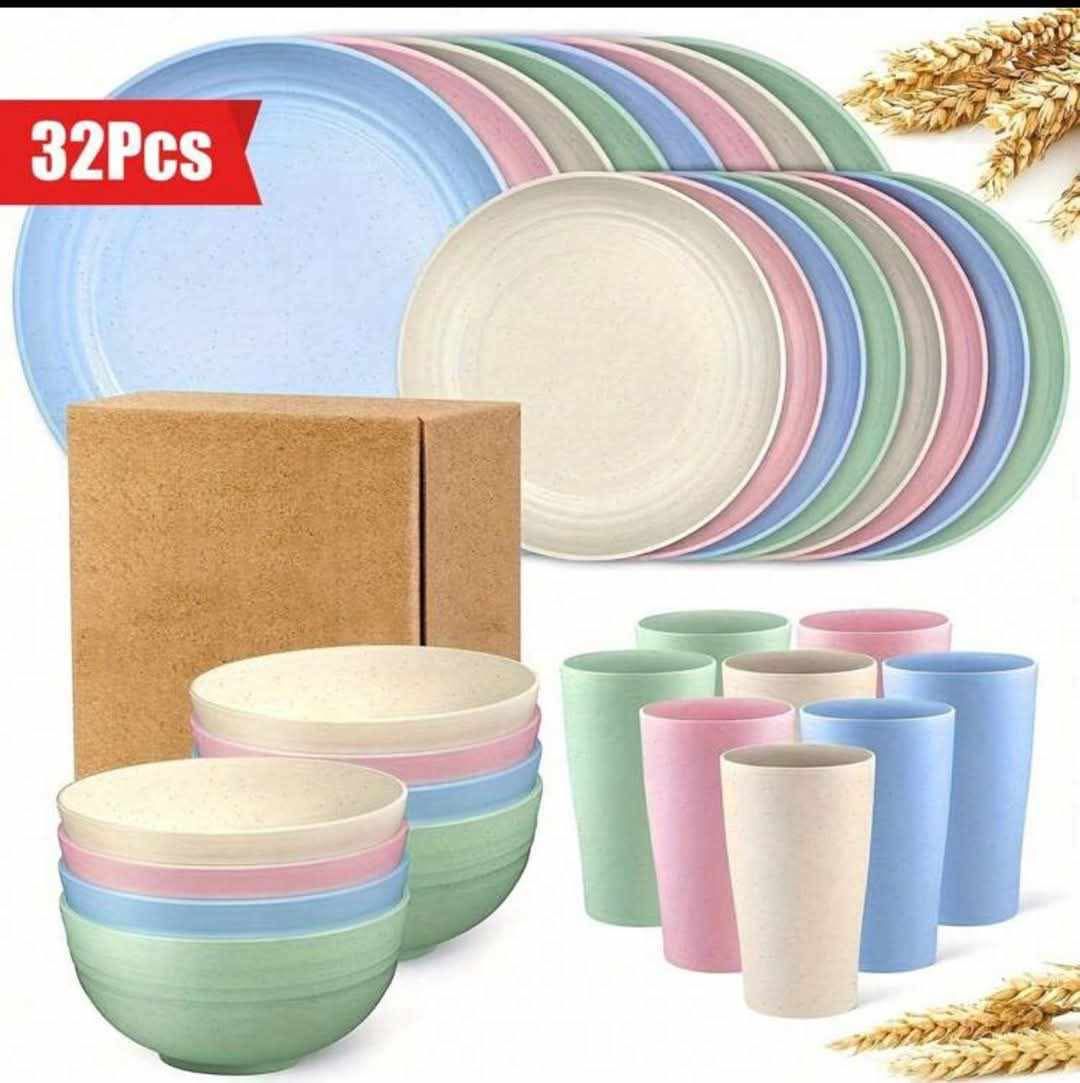 32pcs Dinnerware Sets For 8, Plastic Plates And Bowls Sets, Unbreakable Dinnerware, Lightweight Plastic Plate Set, Dinner Plates, Dessert Plates, Cups, Bowls, For Home Kitchen Restaurant Picnic Camping Party