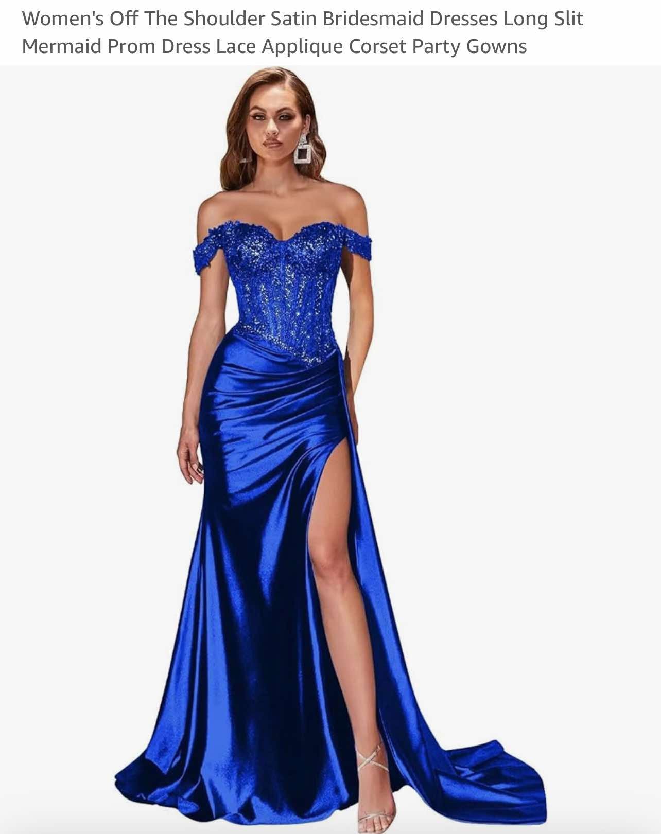 Woman’s off shoulder satin dress, long slit, mermaid prom dress lace corset party gowns