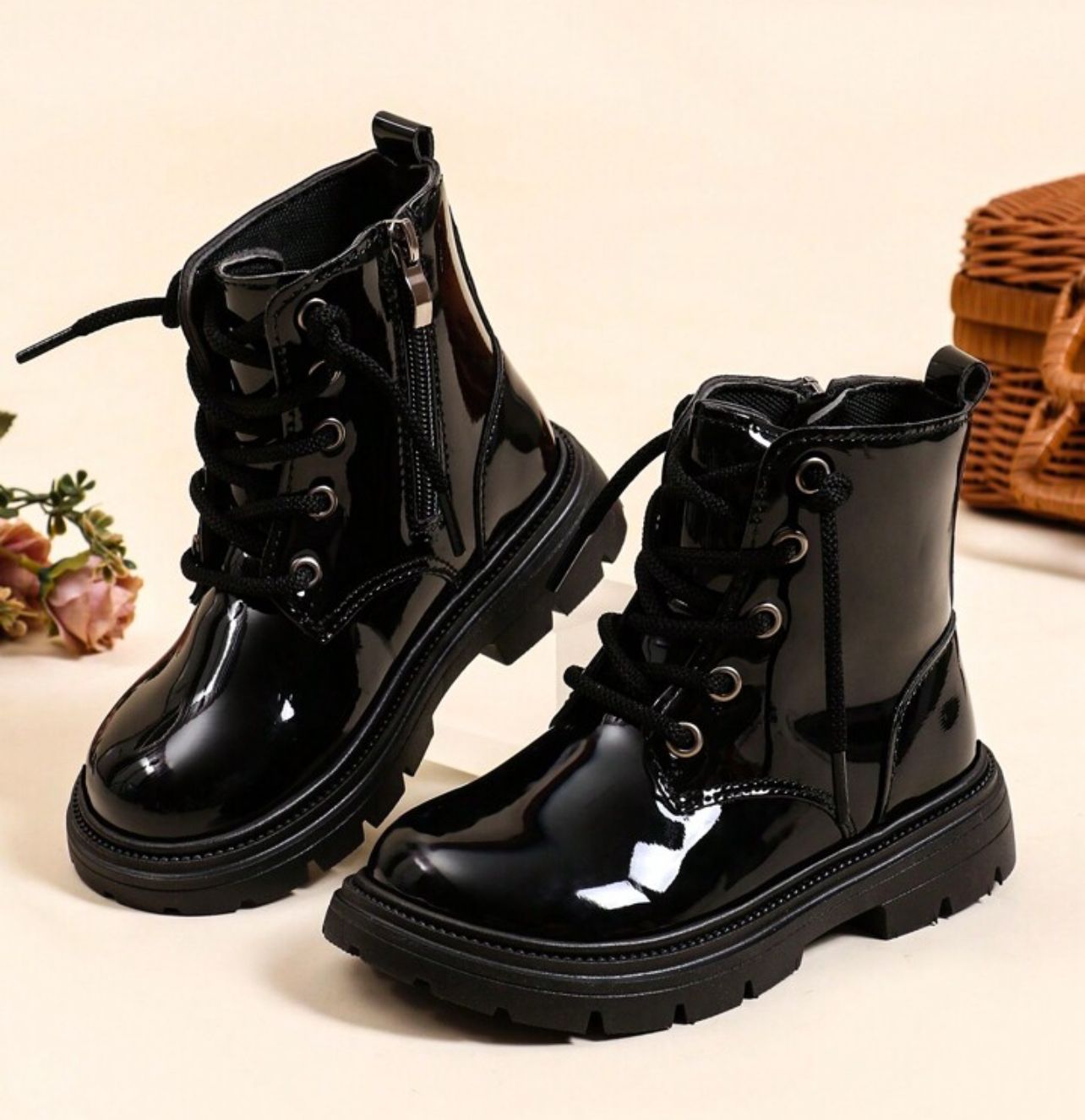 Add a caption... 1 Pair Solid Color Lacquer Leather Comfortable & Fashionable Children Boots