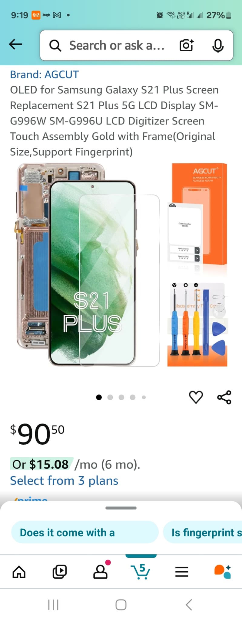 OLED for Samsung Galaxy S21 Plus Screen Replacement S21 Plus 5G LCD Display SM-G996W SM-G996U LCD Digitizer Screen Touch Assembly Gold with Frame(Original Size,Support Fingerprint)