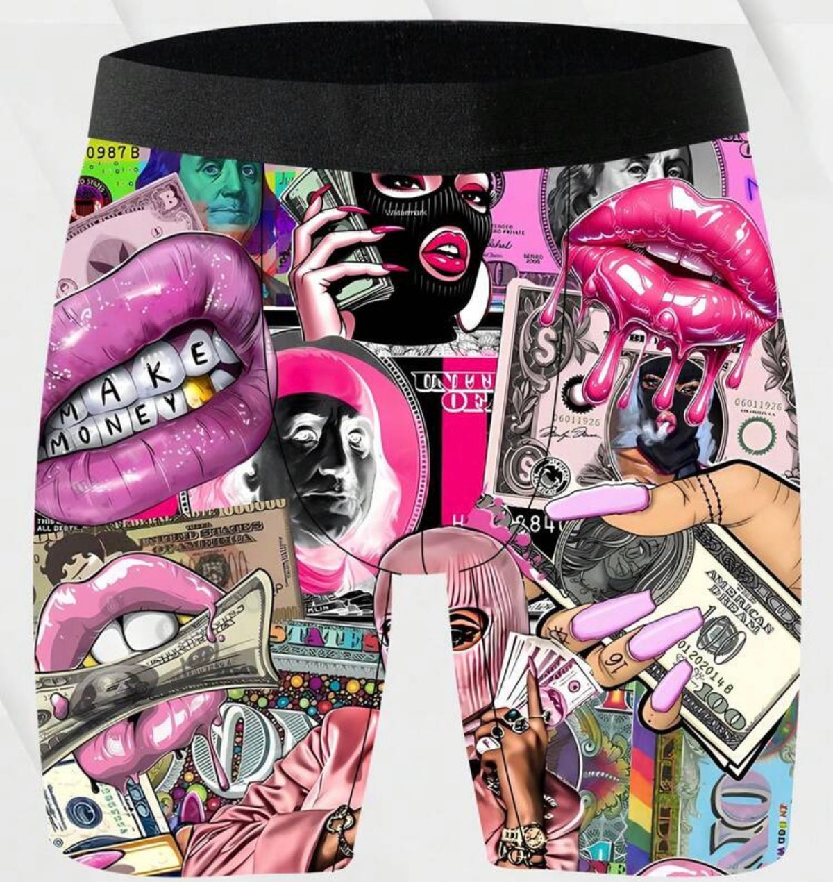 1 Piece Of Men's Fun Shorts, Hip-Hop Money And Red Lip Print Underwear, Knitted Fabric, Quick-Dry And Breathable, Sporty Casual Long Boxer Briefs