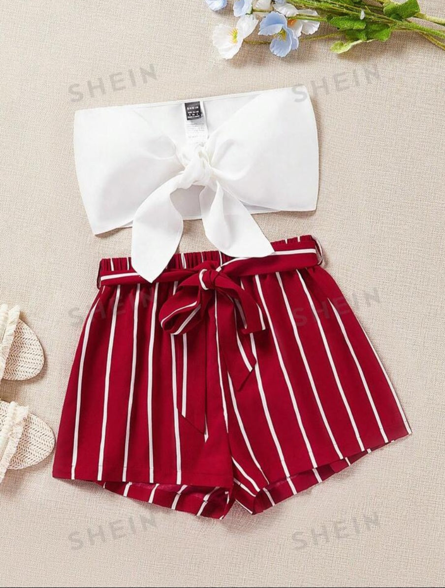 Women's Front Tie Bandeau Top & Striped Shorts Woven Set - Special Order Marsha