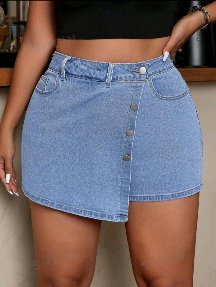 Plus Size Asymmetric Below Waist Pocketed Solid Color Denim Shorts For Summer