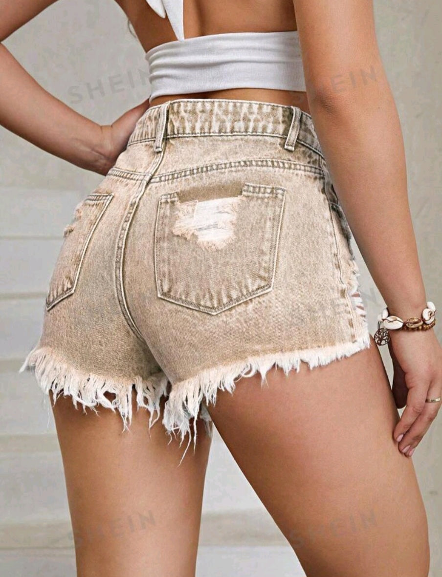 Women's Asymmetric Waist Distressed Denim Shorts With Pocket