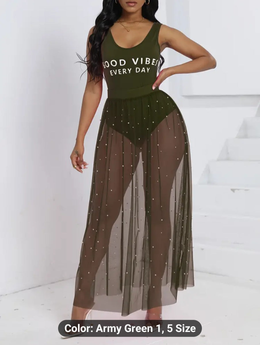 Chic Summer Holiday Two-piece Set - Fashionable Letter Bodysuit with Lightweight Mesh Skirt - Trendy Womens Casual Outfit for Stylish Adventures