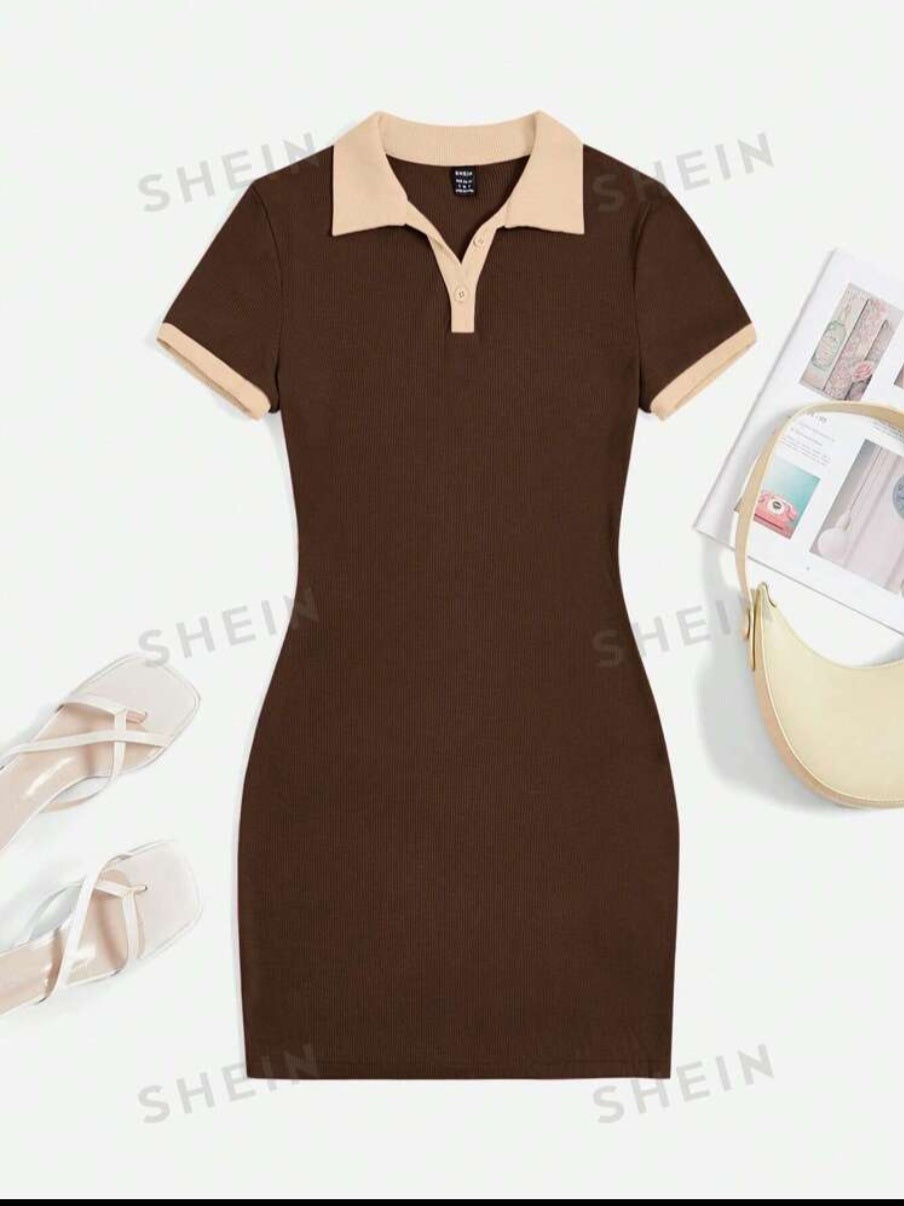EZwear Contrast Collar Ribbed Knit Bodycon Dress