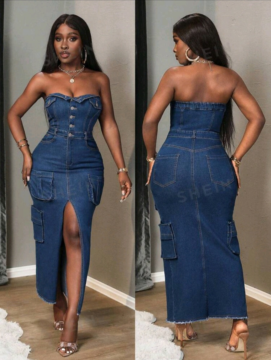 SHEIN Slayr Summer Fashionable Side Slit Fitted Denim Tube Dress