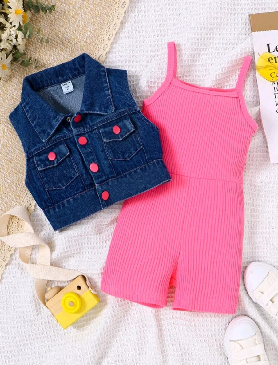 SHEIN Young Girl Flap Pocket Vest Jacket & Ribbed Knit Cami Romper