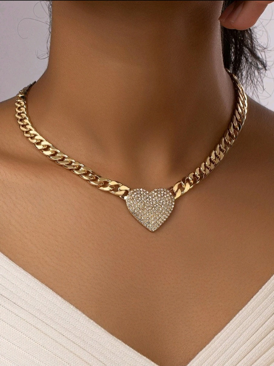Rhinestone Heart Decor Chain Necklace