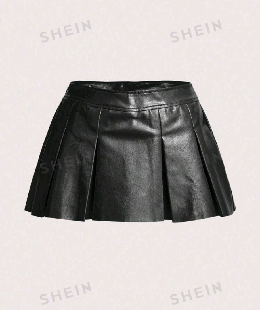 SHEIN X Antonella SHEIN ICON Solid PU Leather Pleated Skirt