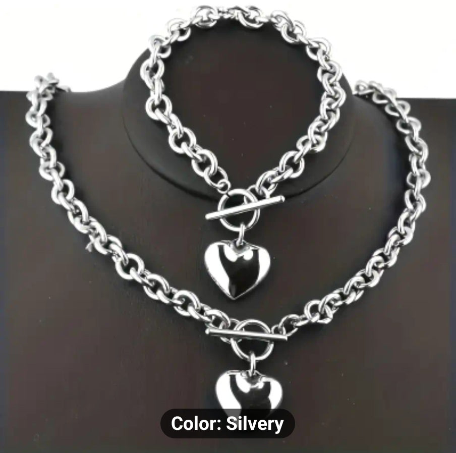 2 pieces/set of fashionable titanium steel set, peach heart set, necklace, bracelet