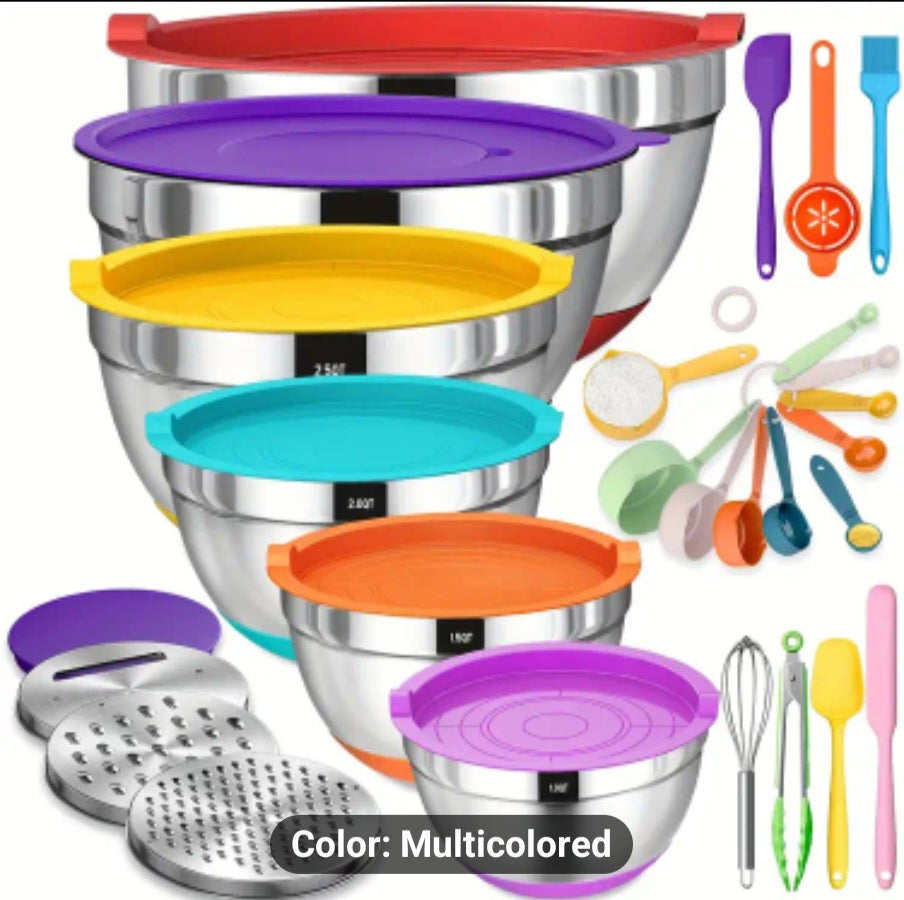 27pcsMixing Bowls With Lids Set, 7 PCS Stainless Steel Mixing Bowls With 3 Grater Attachments