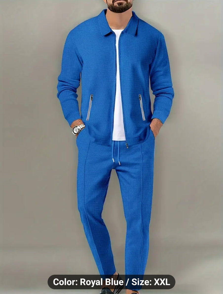 Men's Casual 2-Piece Outfit, Solid Color Jacket & Drawstring Pants Set, Breathable Comfy Full Zip Jacket & Pants Set