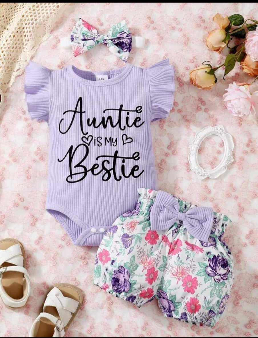 Baby Girl 3pcs Letter Print Ruffle Romper With Flower Shorts And Headband Set