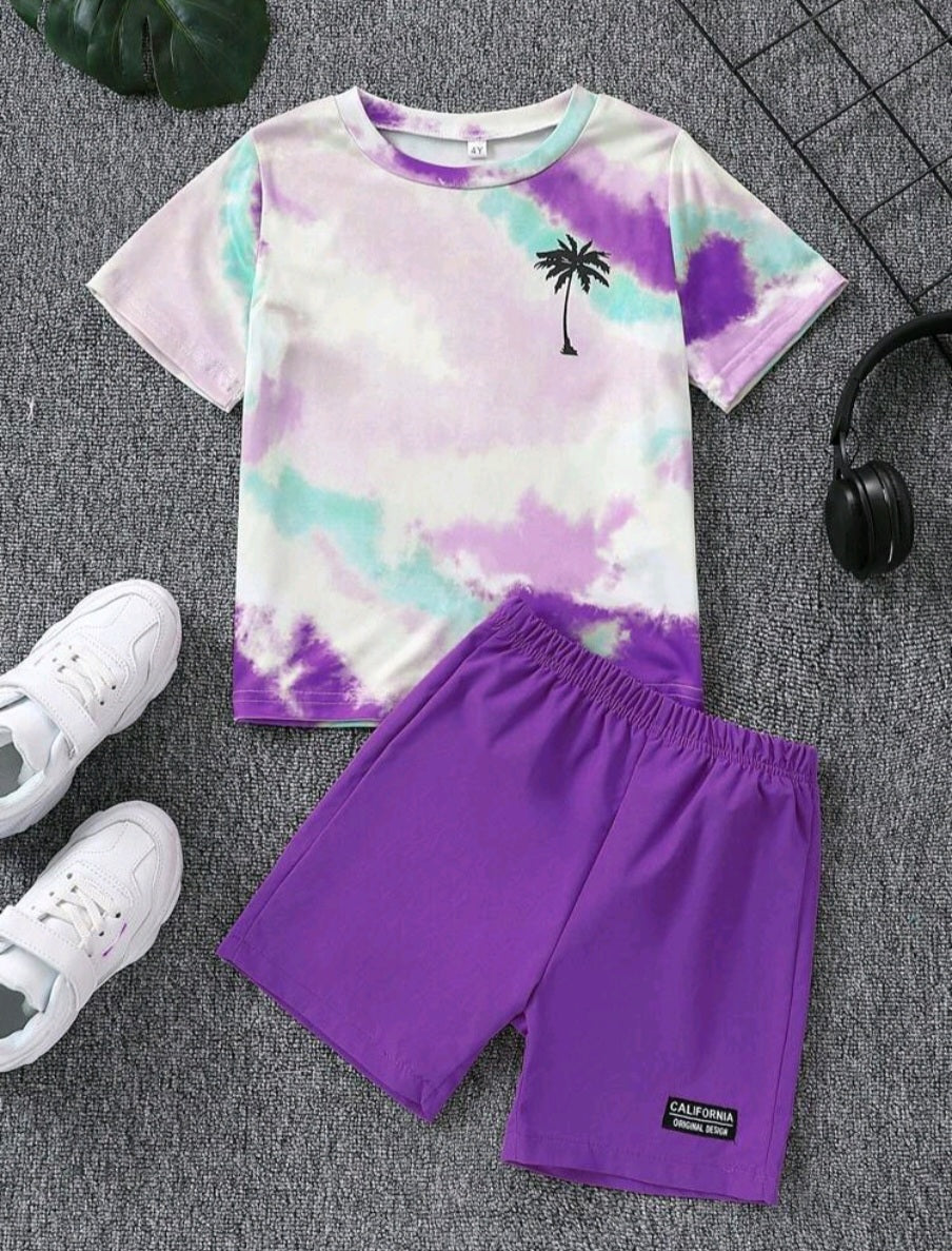 2pcs/Set Young Boy Coconut Tree Allover Print Tie Dye Round Neck Short Sleeve T-Shirt And Tagged Shorts Set, Suitable For Vacation, Summer, Beach, Casual, Daily, Party