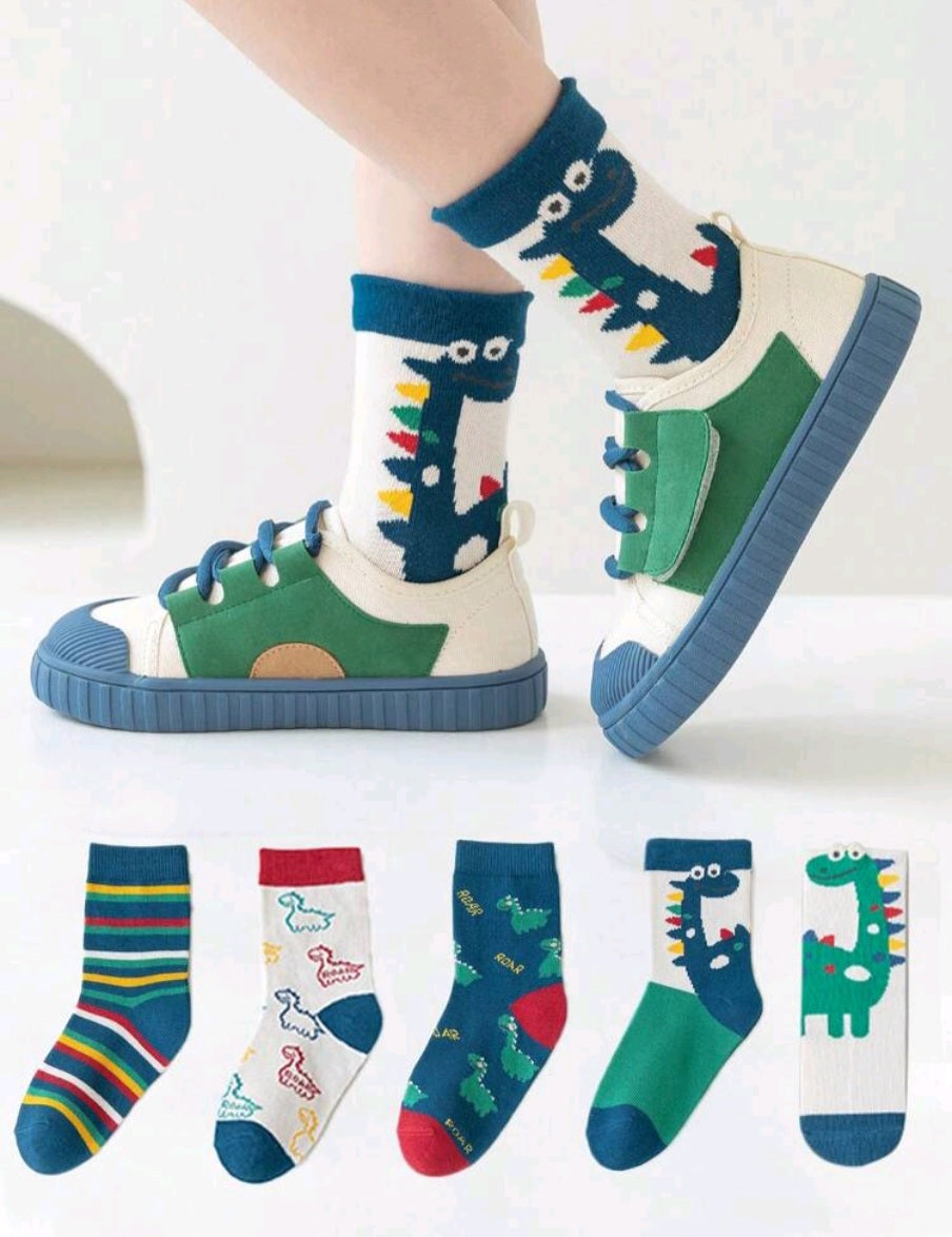 5 Pairs Of Boy's Adorable Cartoon Dinosaur Pattern Socks,For Spring And Autumn, Comfy Breathable Casual Soft Socks For Kids Daily Outdoor Activities Random Stripes