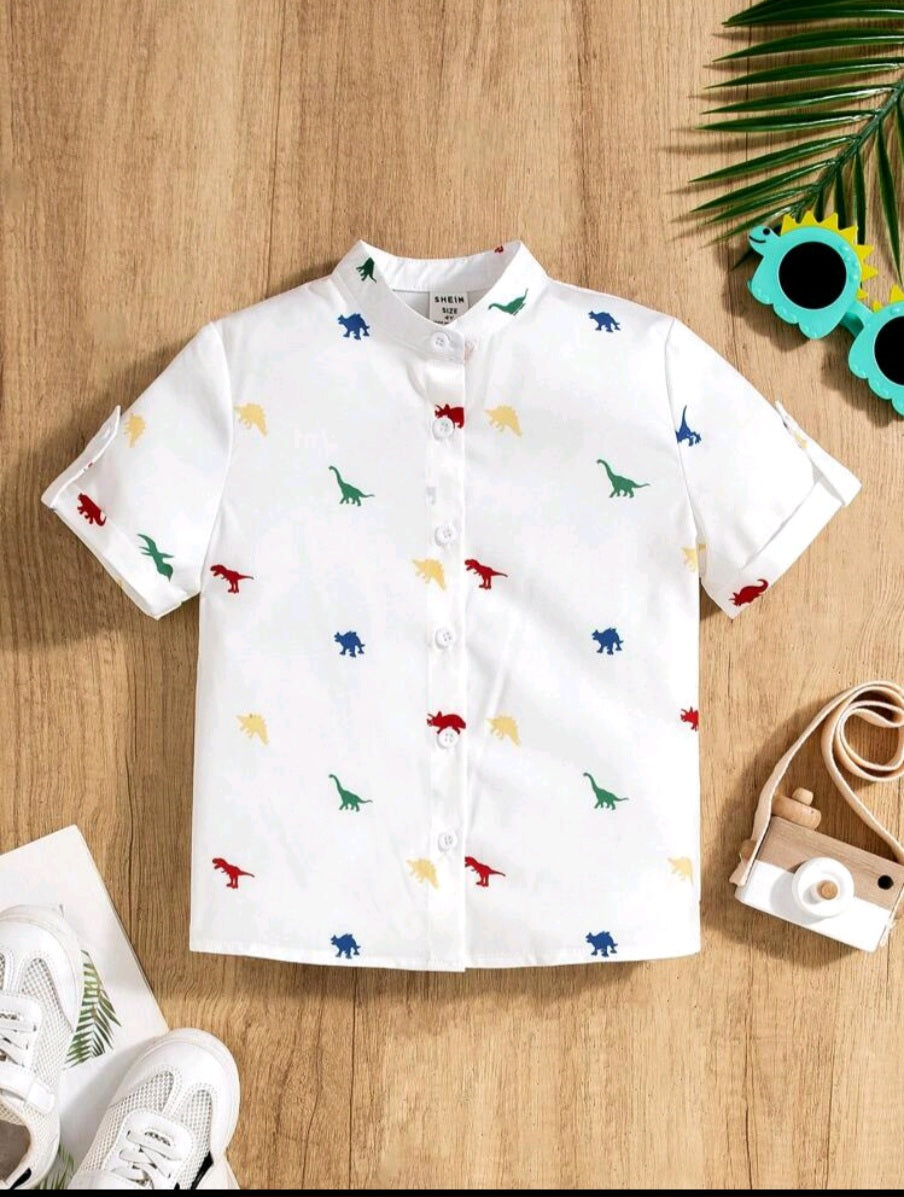 SHEIN Young Boys' Fun And Cute Colorful Dinosaur Four-Sided Bouncing Digital Printed Short Sleeve Polo Shirt, Suitable For Summer, Various Occasions, Comfortable, Lovely, Childlike