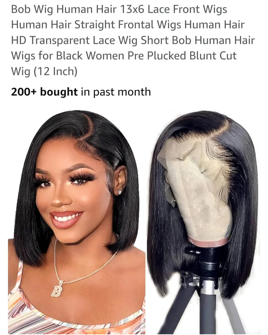 Bob Wig Human Hair 13x6 Lace Front Wigs Human Hair Straight Frontal Wigs Human Hair HD Transparent Lace Wig Short Bob Human Hair Wigs for Black Women Pre Plucked Blunt Cut Wig (12 Inch)
