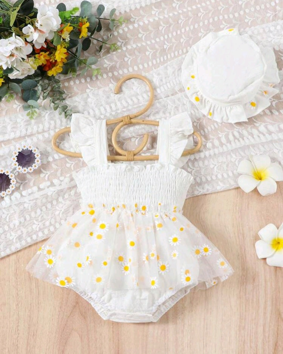 Baby Girl Floral Print Ruffle Trim Contrast Mesh Bodysuit & Accessory Hat